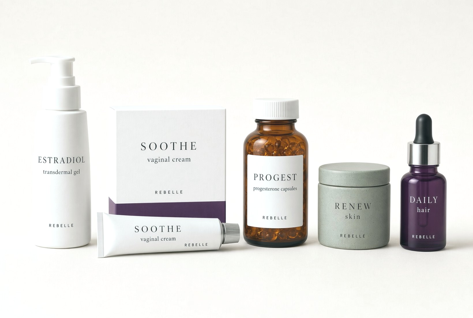 Rebelle products: estradiol gel, Soothe vaginal cream, Progest capsules, Renew skin, Daily hair